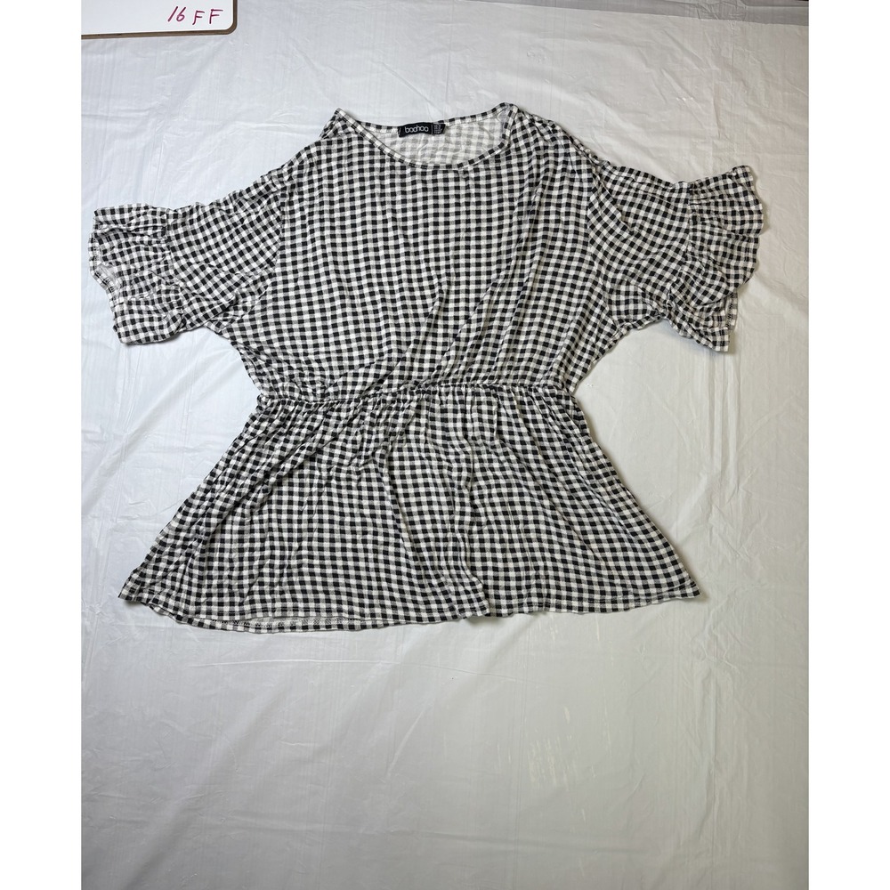 Womens Boohoo Black/white gingham‎ short sleeeve blouse, babydoll, size 14